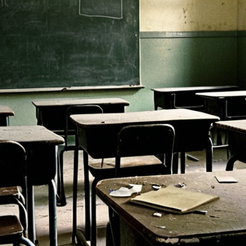 Home 11 **
A haunting, grainy shot of a school desk in an abandoned classroom. Overlaid on the desk are faint, spectral images of distressed teenagers. The lighting is dim and oppressive. The overall tone should evoke a sense of psychological trauma and the loss of innocence, emphasizing the deeper themes of the novel. Focus on conveying the emotional weight rather than explicit violence.
**