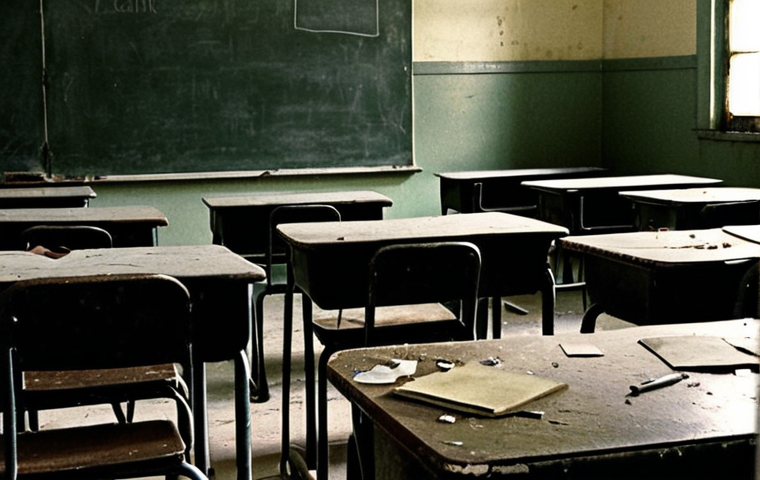 **
A haunting, grainy shot of a school desk in an abandoned classroom. Overlaid on the desk are faint, spectral images of distressed teenagers. The lighting is dim and oppressive. The overall tone should evoke a sense of psychological trauma and the loss of innocence, emphasizing the deeper themes of the novel. Focus on conveying the emotional weight rather than explicit violence.
**