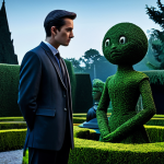 A solitary gentleman in modest, intricately detailed attire, standing contemplatively in a fantastical, gothic-inspired garden. The garden features whimsical topiary sculptures and dark, elegant flora under a twilight sky, creating an atmosphere of melancholic beauty and surreal wonder. The character has a thoughtful and gentle expression, embodying a sense of quiet uniqueness. The subject is fully clothed, appropriate attire, modest clothing, safe for work, perfect anatomy, correct proportions, natural pose, well-formed hands, proper finger count, natural body proportions, professional photography, high quality, family-friendly.