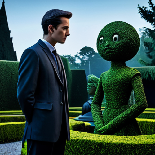 Home 6 A solitary gentleman in modest, intricately detailed attire, standing contemplatively in a fantastical, gothic-inspired garden. The garden features whimsical topiary sculptures and dark, elegant flora under a twilight sky, creating an atmosphere of melancholic beauty and surreal wonder. The character has a thoughtful and gentle expression, embodying a sense of quiet uniqueness. The subject is fully clothed, appropriate attire, modest clothing, safe for work, perfect anatomy, correct proportions, natural pose, well-formed hands, proper finger count, natural body proportions, professional photography, high quality, family-friendly.