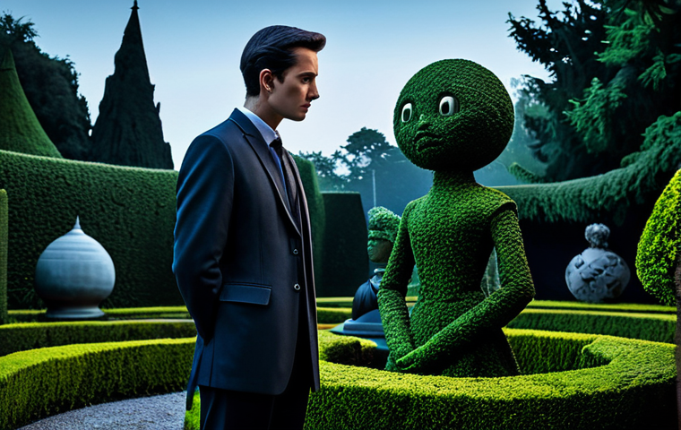 A solitary gentleman in modest, intricately detailed attire, standing contemplatively in a fantastical, gothic-inspired garden. The garden features whimsical topiary sculptures and dark, elegant flora under a twilight sky, creating an atmosphere of melancholic beauty and surreal wonder. The character has a thoughtful and gentle expression, embodying a sense of quiet uniqueness. The subject is fully clothed, appropriate attire, modest clothing, safe for work, perfect anatomy, correct proportions, natural pose, well-formed hands, proper finger count, natural body proportions, professional photography, high quality, family-friendly.