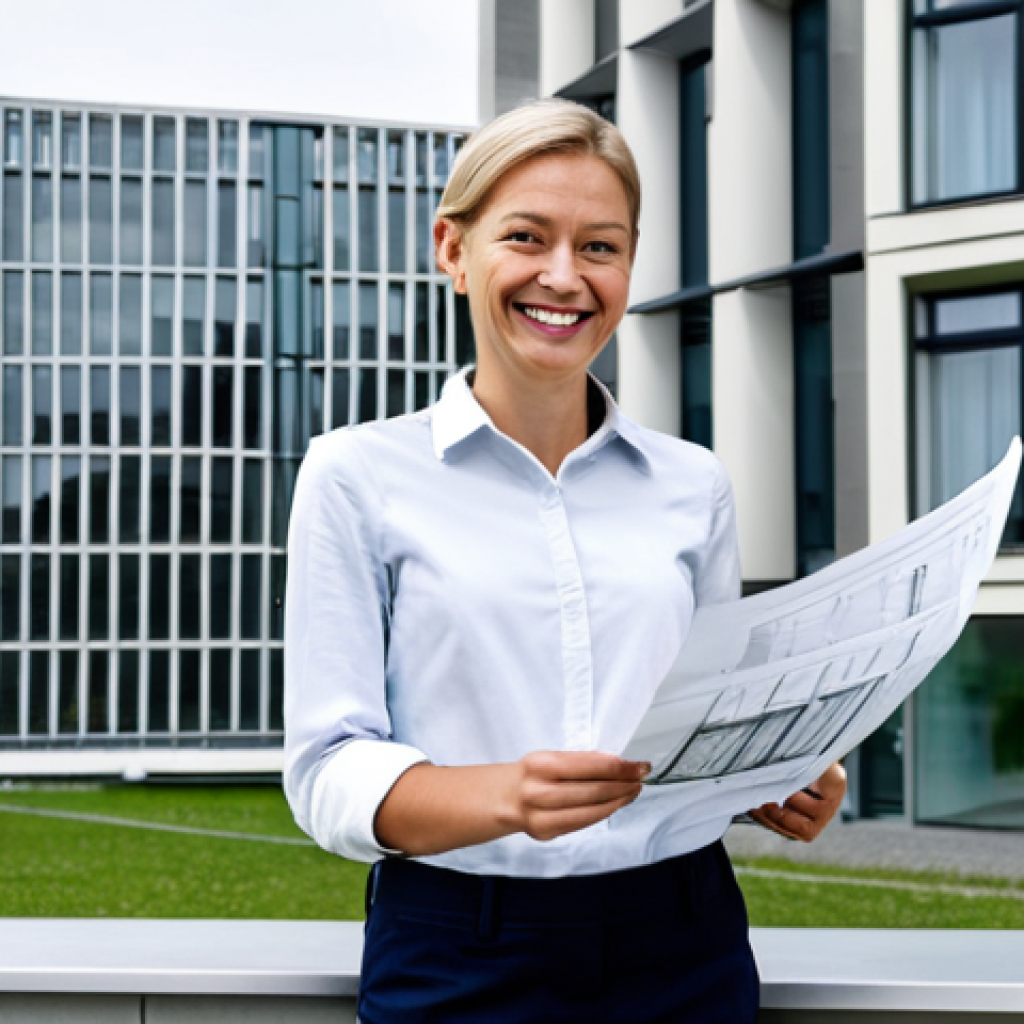 **

"A professional architect, fully clothed in modest attire, stands in front of a modern building in Berlin, Germany. She is holding blueprints and smiling confidently. The background shows the Berlin skyline. Safe for work, appropriate content, perfect anatomy, correct proportions, natural pose, professional photography, high quality."

**