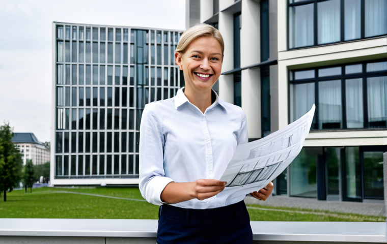 **

"A professional architect, fully clothed in modest attire, stands in front of a modern building in Berlin, Germany. She is holding blueprints and smiling confidently. The background shows the Berlin skyline. Safe for work, appropriate content, perfect anatomy, correct proportions, natural pose, professional photography, high quality."

**