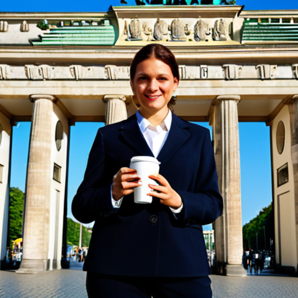 **

"A professional businesswoman in a modest business suit, standing in front of the Brandenburg Gate in Berlin, Germany, fully clothed, appropriate attire, safe for work, perfect anatomy, natural proportions, professional photography, high quality. She is holding a coffee cup with the Deutsche Bahn logo."

**