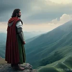 영화  영웅 의 철학과 비주얼 - **A Hero's Dawn: The Weight of Destiny in Verdant Lands**
    "A lone, heroic figure, appropriately ...