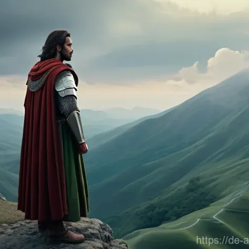 영화  영웅 의 철학과 비주얼 - **A Hero's Dawn: The Weight of Destiny in Verdant Lands**
    "A lone, heroic figure, appropriately ...