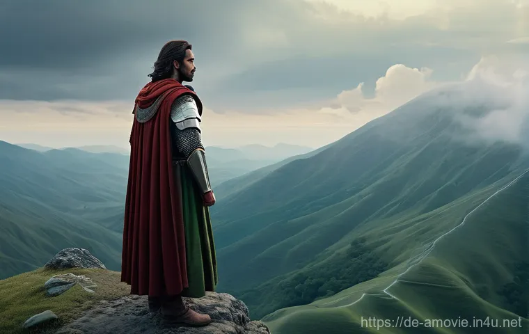 영화  영웅 의 철학과 비주얼 - **A Hero's Dawn: The Weight of Destiny in Verdant Lands**
    "A lone, heroic figure, appropriately ...