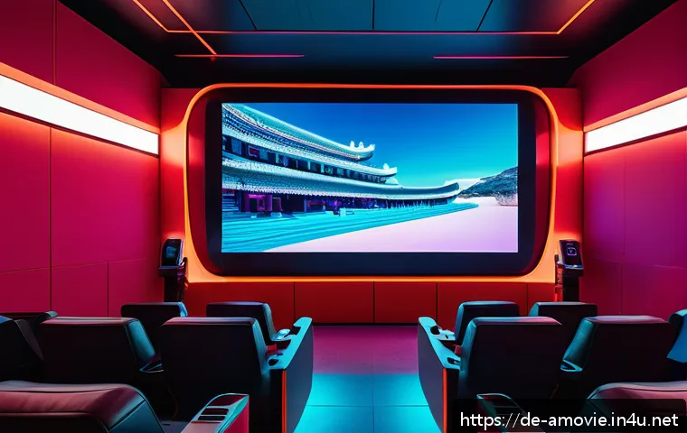 홍콩 블록버스터 영화의 최신 동향 - A futuristic Hong Kong cinema interior blending traditional architectural elements with cutting-edge...