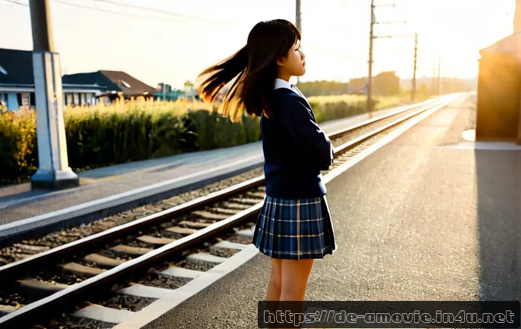 일본 판타지 영화  시간을 달리는 소녀  리뷰 - Photorealistic cinematic scene of a Japanese teenage girl in a modest school uniform standing beside...