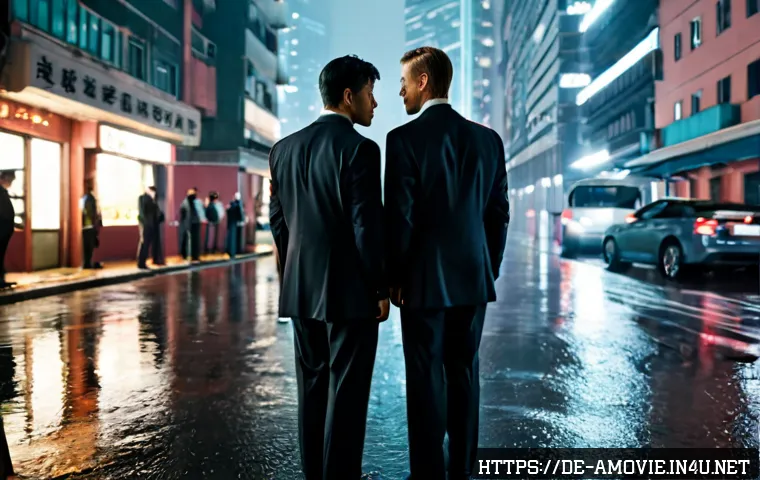 홍콩 영화  무간도 와 리메이크  디파티드  비교 - Photorealistic cinematic comparison scene, two anonymous male undercover detectives standing back-to...